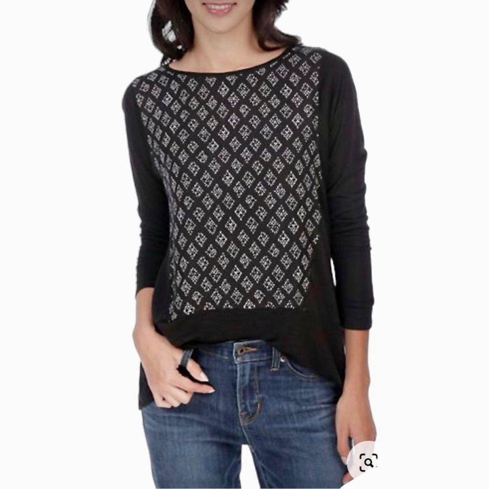 Lucky Brand | Womens Size M Black Top 3/4 Sleeve Pullover Geometric Asymmetrical